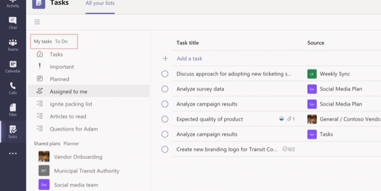 project management on teams Tasks section